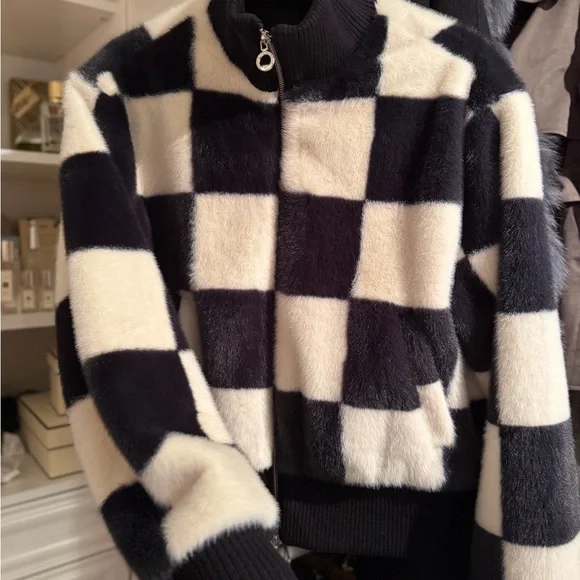 Noize Checkered Teddy Jacket Black White | Soft Faux Fur Cozy Statement Coat - Picture 3 of 8